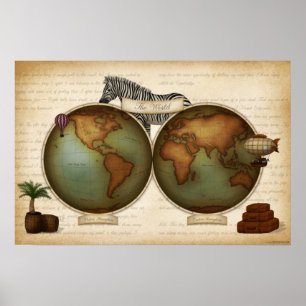 Poster Voyageur du monde néo-victorien Atlas Steampunk