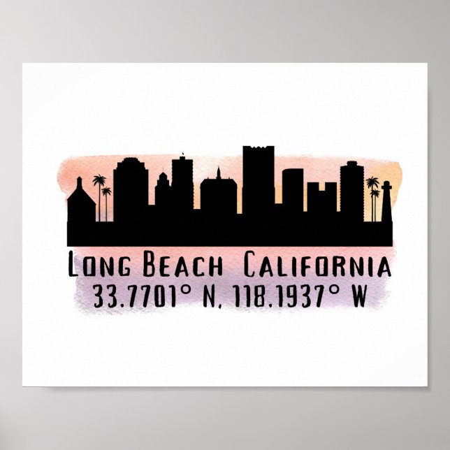 Poster Vue aérienne de Long Beach Latitude et Longitude   (Devant)
