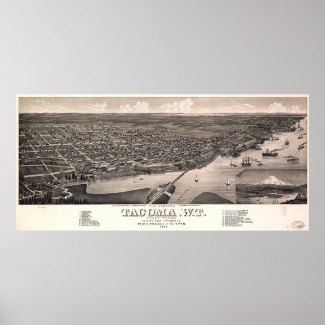 Poster Vue aérienne de Tacoma, Washington (1884) (Devant)
