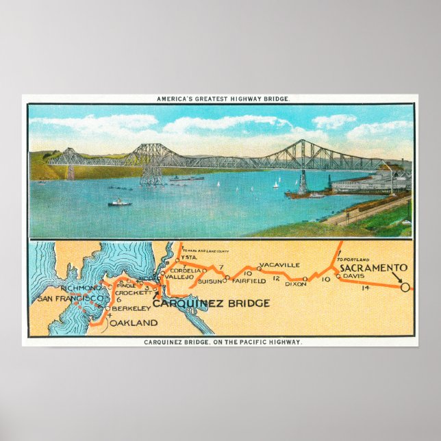 Poster Vue aérienne du pont Carquinez et de la carte (Devant)