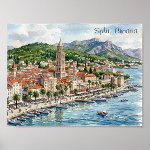 Poster Vue artistique aquarelle de la Dalmatie croate bal
