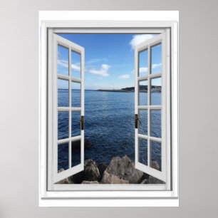 Poster Vue calme sur la mer Trompe l'oeil Fausse fenêtre