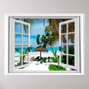 Poster Vue de détente de plage et de fenêtre de Faux