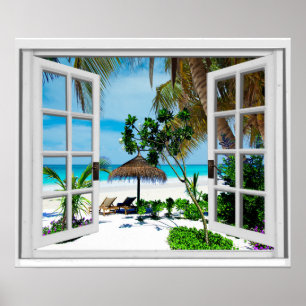 Poster Vue de détente de plage et de fenêtre de Faux