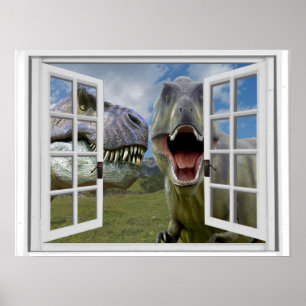 Poster Vue de fenêtre de Faux de dinosaures de T-Rex