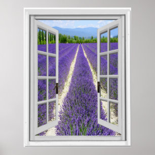 Poster Vue de fenêtre de faux de gisement de lavande