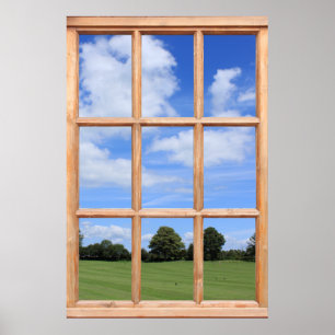 Poster Vue de fenêtre fausse d'herbe verte, d'arbres et d