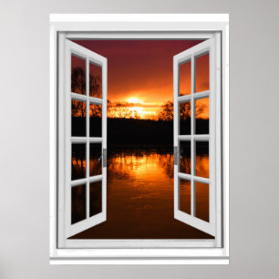 Poster Vue de fenêtre fausse sur coucher de soleil