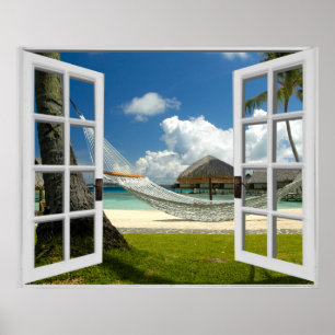 Poster Vue de fenêtre tropicale factice de plage
