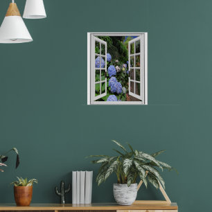 Poster Vue de jardin d'hortensias Fausse fenêtre