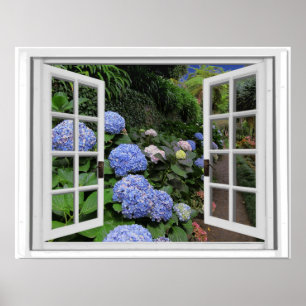 Poster Vue de jardin d'hortensias Fausse fenêtre
