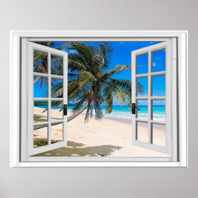 Poster Vue de la fenêtre Tropical Palms and Ocean Faux (Devant)