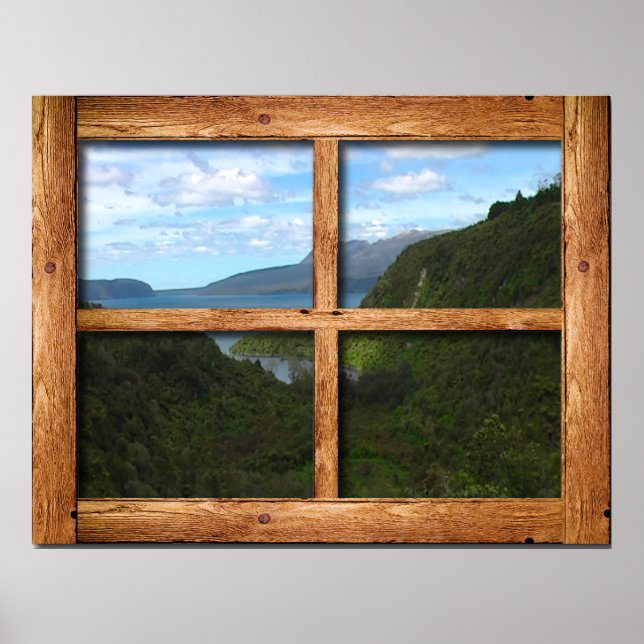 Poster Vue de la Nouvelle-Zélande avec une fenêtre en boi (Devant)