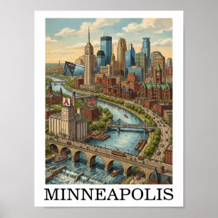 Poster Vue de la skyline de Minneapolis Minnesota vintage