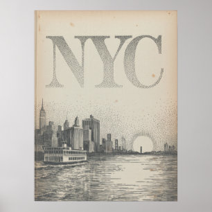 Poster Vue de la skyline de NYC depuis un ferry avec l'Em
