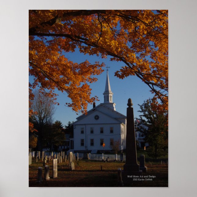 Poster Vue de l'église du cimetière Golden Fall Foliage (Devant)