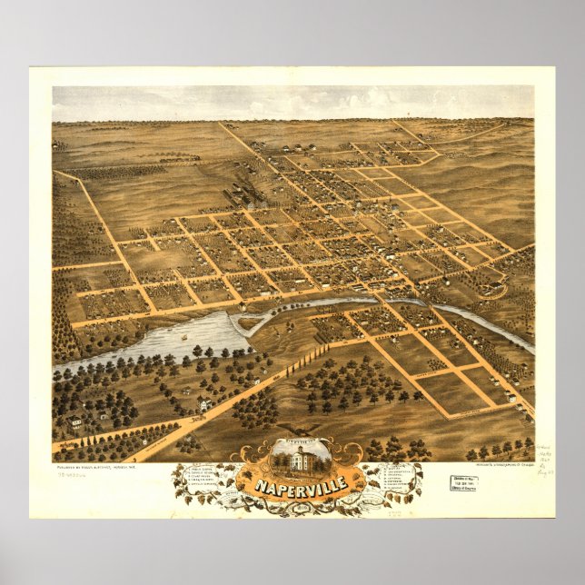 Poster Vue de l'oeil d'oiseaux de Naperville (1869) (Devant)