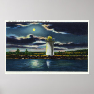 Poster Vue de phare de Cobbosseecontee de lac la nuit
