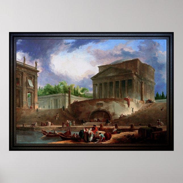 Poster Vue de Ripetta par Hubert Robert (Devant)