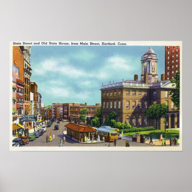 Poster Vue de rue principale de State Street & Old State (Devant)