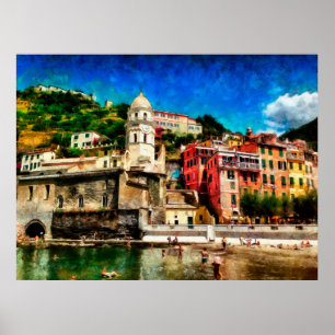 Poster Vue de Vernazza, Italie. Conte de peinture aquarel