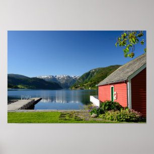 Poster Vue du fjord norvégien et boathouse