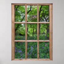 Vue du jardin de jacinthes par une fenêtre