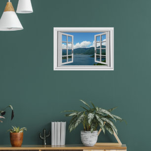Poster Vue du lac de montagne Trompe l'oeil Fausse fenêtr