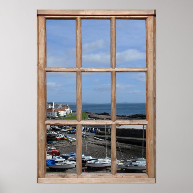 Poster Vue du port de pêche à partir d'une fenêtre (Devant)