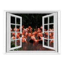 Vue fausse fenêtre Flamants roses roses