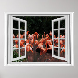 Poster Vue fausse fenêtre Flamants roses roses