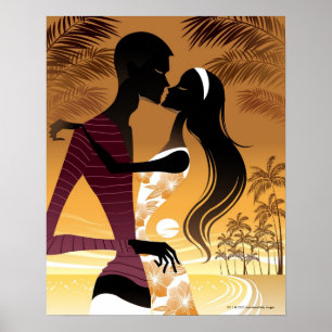 Poster Vue latérale du jeune couple sur la plage
