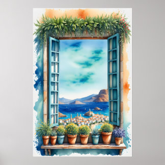 Poster Vue méditerranéenne de fenêtre aquarelle Ville côt