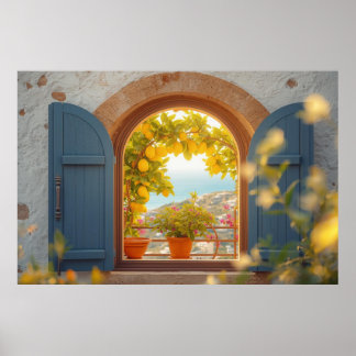 Poster Vue méditerranéenne sur la fenêtre et balcon au ci
