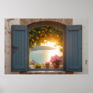 Poster Vue méditerranéenne sur la fenêtre et balcon au ci