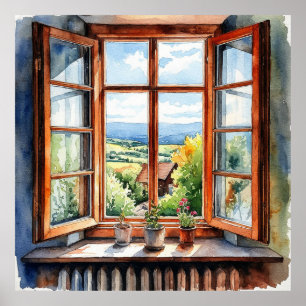 Poster Vue panoramique de la campagne à travers une fenêt