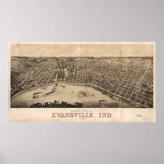 Poster Vue panoramique d'Evansville, Indiana (1880) (Devant)