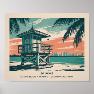 Poster Vue panoramique vintage de South Beach à Miami, Fl