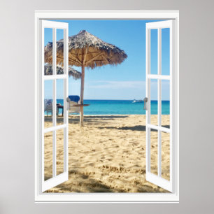 Poster Vue Plage De Sable Et Fenêtre Mer