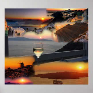 Poster Vue romantique du coucher de soleil de Santorin