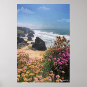 Poster Vue sur la falaise de la plage avec des fleurs,