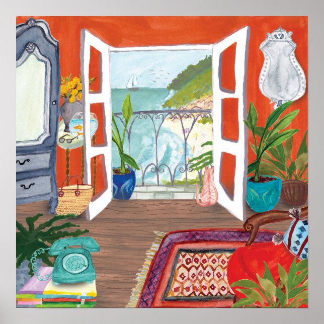 Poster Vue sur la mer Appartement intérieur aquarelle Art (Devant)