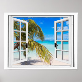Poster Vue sur la plage de la fenêtre Palm Tree