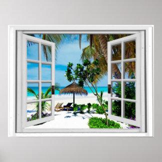 Poster Vue sur la plage et la fenêtre Ocean Faux