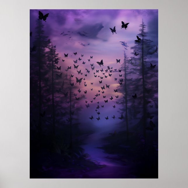 Poster Wabi Sabi Papillons noirs Forêt violette Abstraite (Devant)