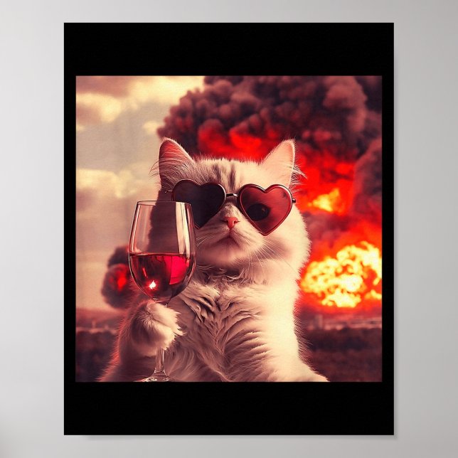 Poster Wacky Cat Holding Wine Selfi With Fire Funny Sungl (Devant)