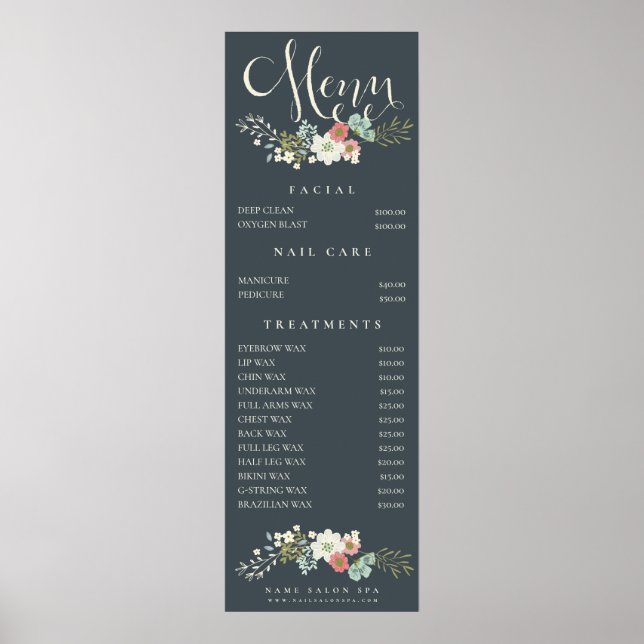 Poster Wall Imprimer Salon Spa Beauticier Menu Tarifs (Devant)