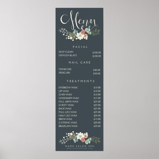 Poster Wall Imprimer Salon Spa Beauticier Menu Tarifs (Devant)