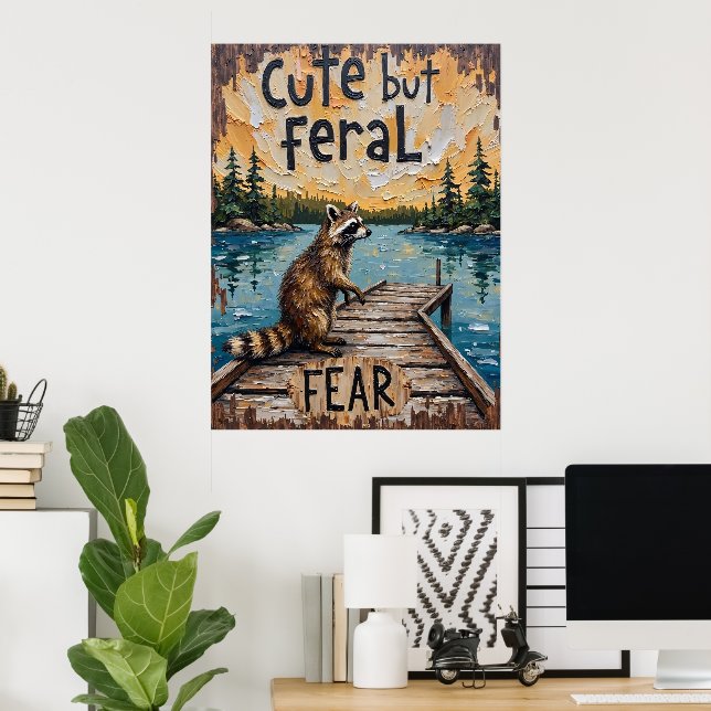 Poster Wanderer à quai : Raccoon au lac (Bureau à domicile)