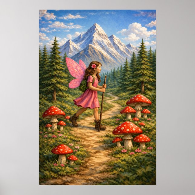 Poster Wanderlust Mountain Fairy Hiker Fairycore Mushroom (Devant)